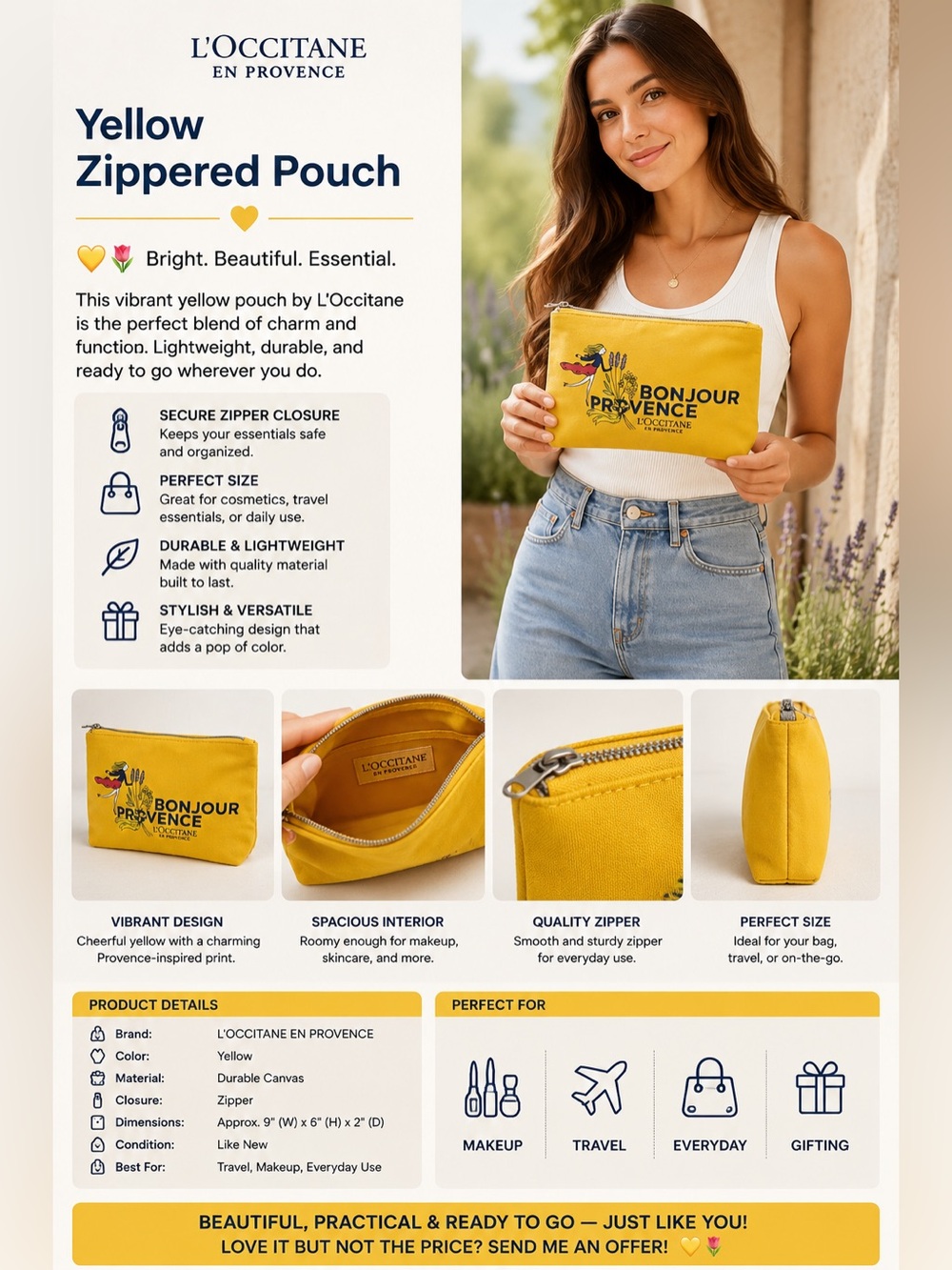 L'Occitane Yellow Zippered Pouch 💛🌷